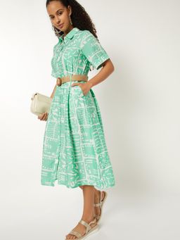 max - Women Printed Belted Shirt Midi Dress with Belt