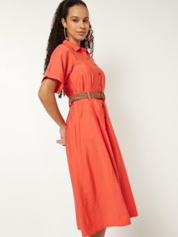 max - Women Solid Belted Shirt Midi Dress