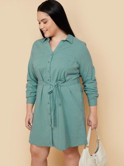 max - Women Textured Shirt Mini Dress with Belt