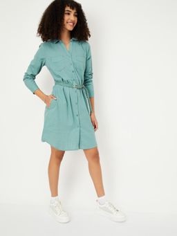 max - Women Textured Shirt Knee Dress with Belt