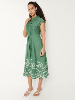 max - Women Embroidered Shirt Midi Dress with Belt