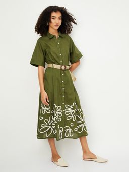max - Women Embroidered Shirt Midi Dress with Belt