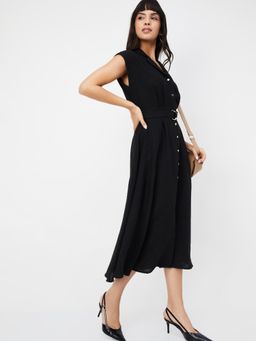max - Women Solid A-Line Belted Midi Dress