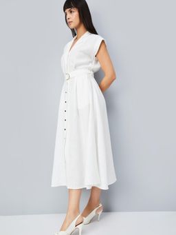 max - Women Solid A-Line Belted Midi Dress
