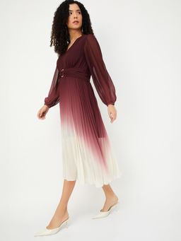max - Women Ombre Pleated Midi Dress with Belt