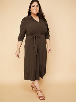 max - Women Solid Wrap Midi Dress with Belt