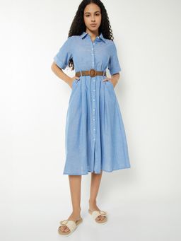 max - Women Solid A-Line Shirt Midi Dress with Belt