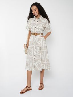 max - Women Printed Shirt Midi Dress with Belt