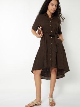max - Women Solid Schiffli High-Low Belted Shirt Knee Dress