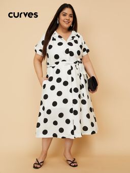 max - Women Polka Dots Shirt Midi Dress with Belt