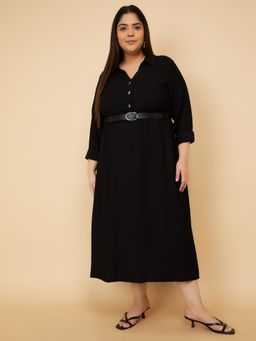 max - Women Solid Shirt Midi Dress with Belt