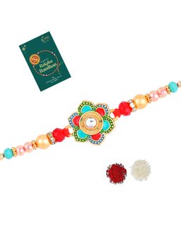 Estele - Gold Plated Floral Design Gehana Rakhi with Roli Chawal & Card