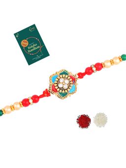 Estele - Gold Plated Floral Design Gehana Rakhi with Roli Chawal & Card