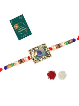Estele - Gold Plated Peacock Feather Beaded Gehana Rakhi with Roli Chawal & Card