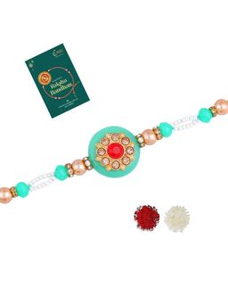 Estele - Gold Plated Trendy Circle Gehana Rakhi with Roli Chawal & Card
