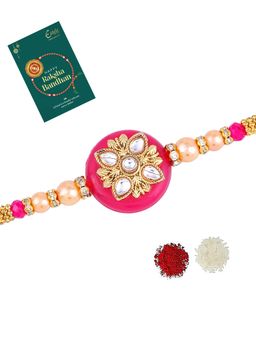 Estele - Gold Plated Trendy Round Gehana Rakhi with Roli Chawal & Card