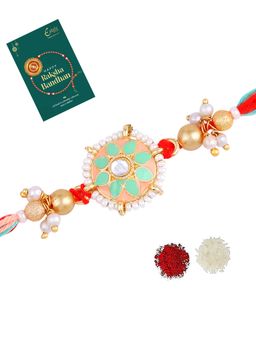 Estele - Gold Plated Floral Design Gehana Rakhi with Roli Chawal & Card