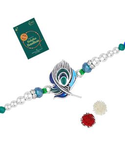 Estele - Rhodium Plated Peacock Feather Gehana Rakhi with Roli Chawal & Card