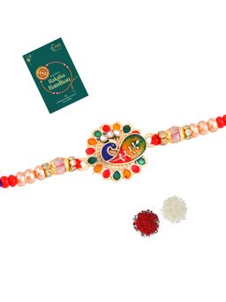 Estele - Gold Plated Peacock Designer Gehana Rakhi with Roli Chawal & Card