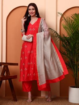 PINKSKY - Women's Red Embroidered Kurta with Palazzo and Dupatta