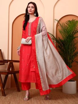 PINKSKY - Women's Red Embroidered Kurta with Palazzo and Dupatta