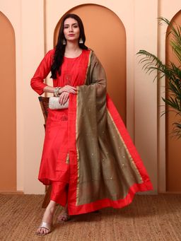 PINKSKY - Women's Red Embroidered Kurta with Palazzo and Dupatta