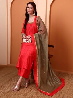 PINKSKY - Women's Red Embroidered Kurta with Palazzo and Dupatta