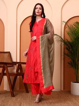 PINKSKY - Women's Red Embroidered Kurta with Palazzo and Dupatta