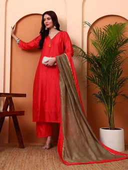 PINKSKY - Women's Red Embroidered Kurta with Palazzo and Dupatta