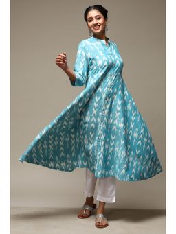 Biba - Turquoise Cotton Ikat Flared Yarndyed Kurta