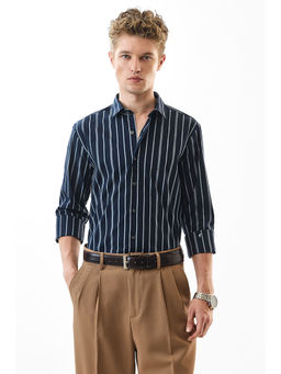 Snitch - Slim Fit Stretch Stripes Navy Blue Luxe Shirt