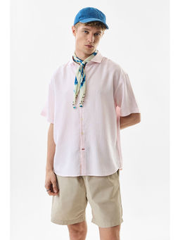Snitch - Oversized Fit Linen Blend Stripes Pink Shirt