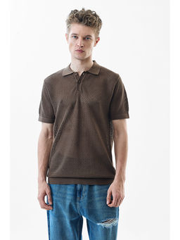 Snitch - Slim Fit Cotton Crochet Brown Polo T-Shirt