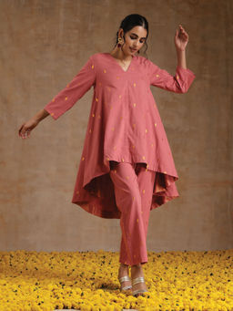 trueBrowns - Pink Gold Cotton High Low Co-Ord Tunic & Pants (Set of 2)