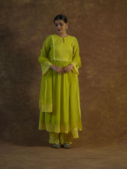 Farha Syed - Yellow Embroidered Kurta With Palazzo Pants & Dupatta (Set of 3)