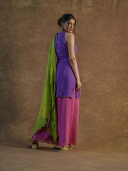 Farha Syed - Purple Embroidered Kurta With Palazzo Sharara & Dupatta (Set of 3)