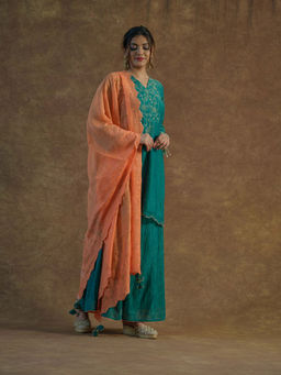 Farha Syed - Teal Embroidered Kurta With Flared Sharara & Dupatta (Set of 3)
