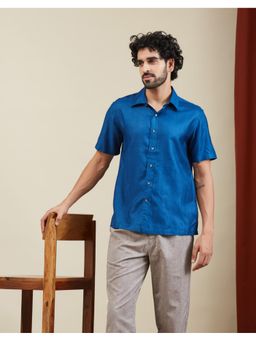 Fabindia - Blue Viscose Silk Blend Solid Bush Shirt