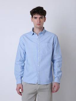 BLNK - Blue Oxford Vertical Striped Long Sleeve Casual Shirt