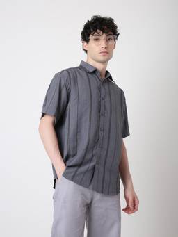 BLNK - Grey Airy Vertical Striped Short Sleeve Shirt