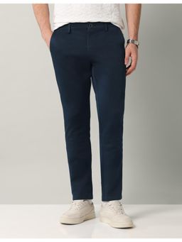 AD By Arvind - Navy Blue Textured Mid Rise Modern Fit Trouser