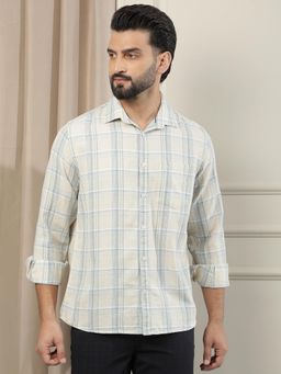 CRIMSOUNE CLUB - Men's Beige Linen Checked Shirt