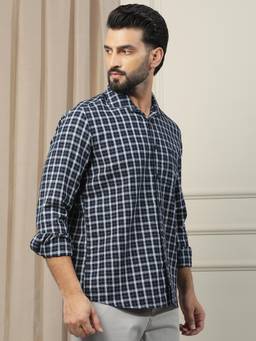 CRIMSOUNE CLUB - Men's Navy Blue Casual Pure Cotton Checked Shirt
