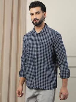 CRIMSOUNE CLUB - Navy Blue Men's Pure Cotton Checked Shirt