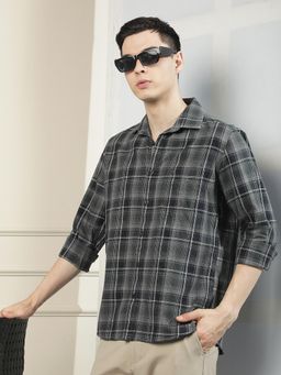 CRIMSOUNE CLUB - Men's Green Pure Cotton Casual Checked Shirt