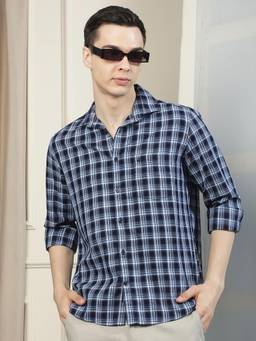 CRIMSOUNE CLUB - Men's Checked Navy Blue Pure Cotton Shirt