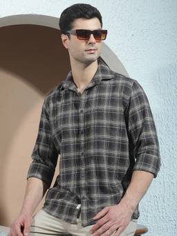 CRIMSOUNE CLUB - Men's Brown Casual Pure Cotton Checked Shirt