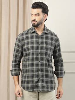 CRIMSOUNE CLUB - Men's Fern Green Pure Cotton Checked Shirt