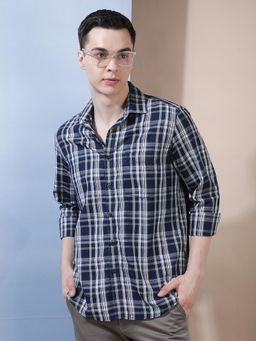 CRIMSOUNE CLUB - Men's Regular Navy Blue Pure Cotton Checked Casual Shirt