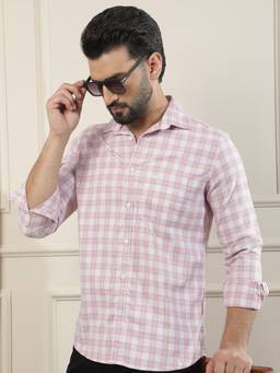 CRIMSOUNE CLUB - Pink Men's Pure Cotton Checked Shirt